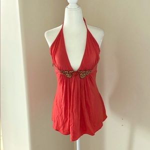 Sky Red Halter Empire Waist Tank with Decorative Trim size S